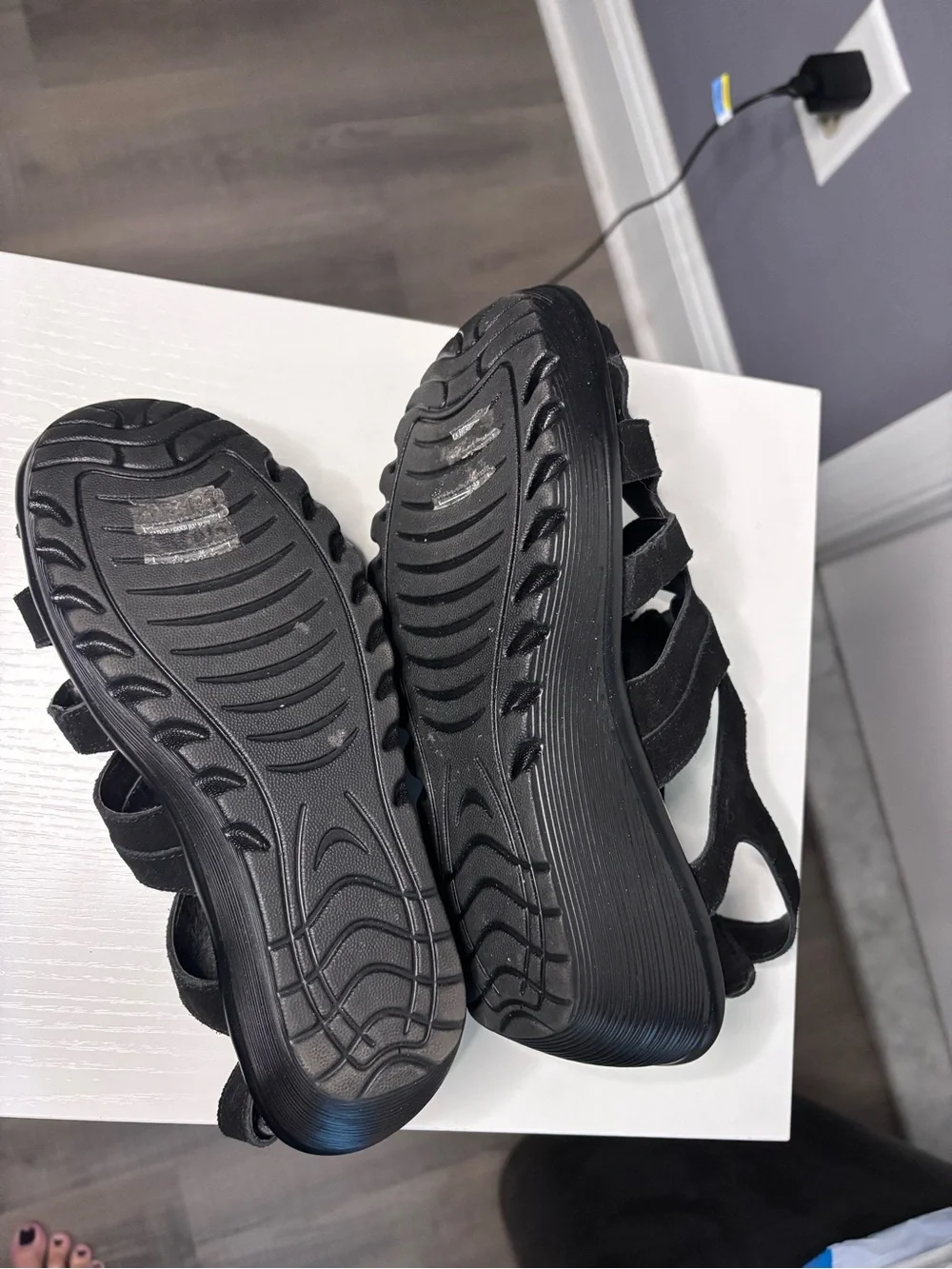 Skechers Memory Foam Black Suede Cutout Slingback Wedge Sandals 8.5